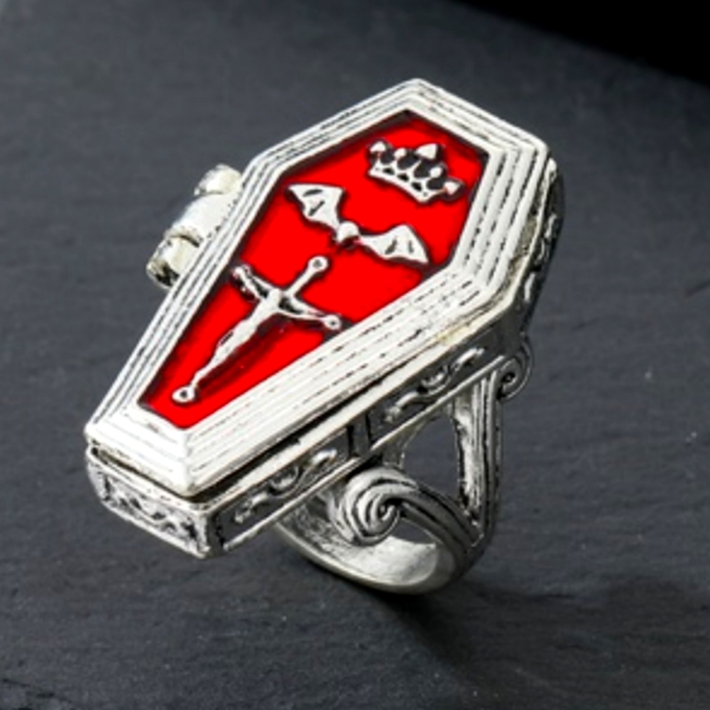 LAST ONE~Vampires Coffin Ring Coffin Opens & Closes Red & Silver Colored Size 7 - Picture 1 of 5